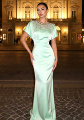 Embellished Cape Detail Maxi Dress Green