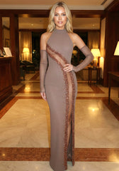 Embellished Mesh Insert Maxi Dress Brown