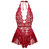 Erotic Crotchless Lingerie Teddies Bodysuit Lace Up Halter Deep V Babydoll Dress Backless Hollow Out Date Night Outfit