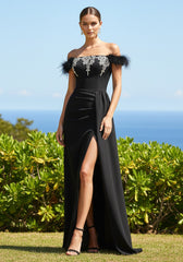 Feather Bardot Crystal Maxi Dress Black