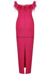Feather Detail Strapless Maxi Dress Hot Pink
