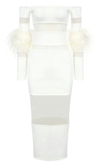 Feather Long Sleeve Off Shoulder Midi Dress White