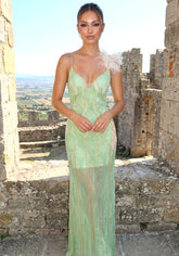 Feather Detail Maxi Dress Green Gold