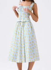 Floral A Line Midi Two Piece Dress Blue Yellow