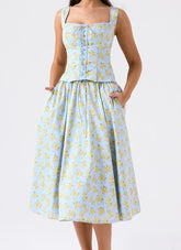 Floral A Line Midi Two Piece Dress Blue Yellow