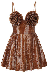 Floral Detail Sequin A Line Corset Dress Brown