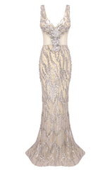 Floral Detail Sequin Maxi Dress Silver Nude