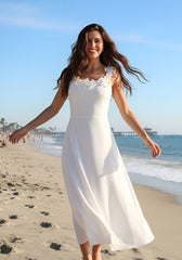 Floral Neckline A Line Midi Dress White