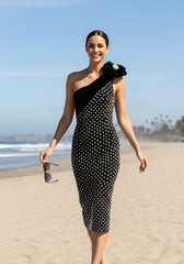 Floral One Shoulder Pearl Sequin Maxi Dress Black