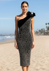 Floral One Shoulder Pearl Sequin Maxi Dress Black
