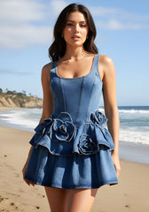 Floral Ruffle Detail Denim Dress Blue
