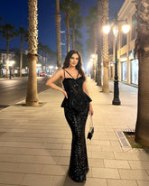 Floral Sequin Bustier Maxi Dress Black