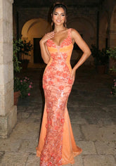 Floral Sequin Maxi Dress Orange