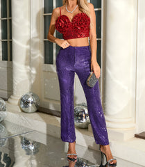 Floral Sequin Corset Two Piece Set Red Purple