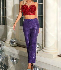 Floral Sequin Corset Two Piece Set Red Purple