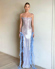 Flower Ruffle Detail Sequin Maxi Dress Silver Blue