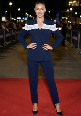 Frayed Ruffle Detail Suit Navy Blue