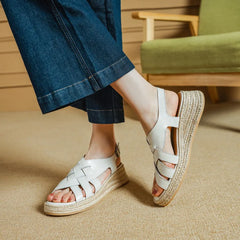 Genuine Leather Band Ankle Strap Round Toe Platform Wedge Sandals