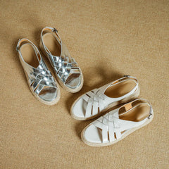 Genuine Leather Band Ankle Strap Round Toe Platform Wedge Sandals