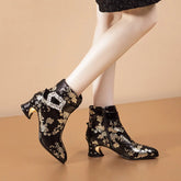 Genuine leather Floral print Ethnic handmade pointed toe short Ankle Boot