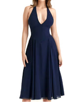 Halter A Line Backless Midi Dress Navy Blue