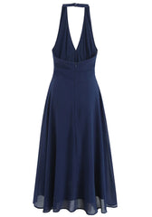 Halter A Line Backless Midi Dress Navy Blue