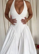 Halter A Line Midi Dress White