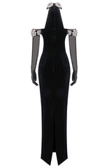 Halter Crystal Bardot Velvet Dress Maxi Black