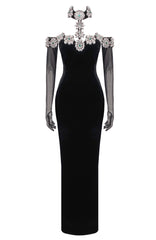 Halter Crystal Bardot Velvet Dress Maxi Black