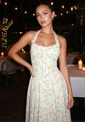 Halter Bustier Skater Midi Dress Floral Green