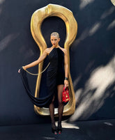 Halter Chain Detail Ruched Velvet Dress Black