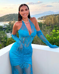 Halter Bustier Lace Mermaid Maxi Dress Blue