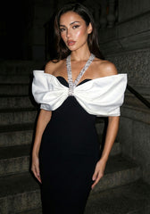 Halter Crystal Bardot Maxi Dress Black White