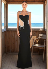 Halter Crystal Mesh Insert Maxi Dress Black