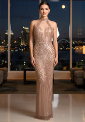 Halter Crystal Sequin Maxi Dress Gold