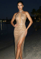 Halter Crystal Sparkly Maxi Dress Gold