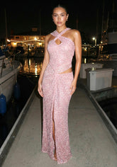 Halter Draped Sequin Maxi Dress Pink