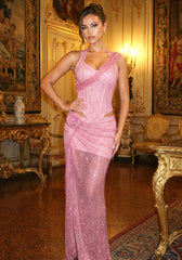 Halter Sparkly Two Piece Maxi Dress Pink