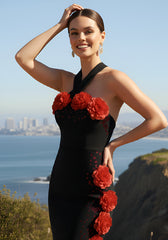 Halter Floral Crystal Maxi Dress Black Red