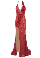 Halter Floral Detail Sequin Maxi Dress Red