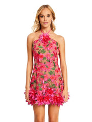 Halter Floral Embroidered Dress Hot Pink