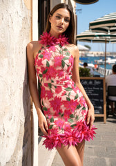 Halter Floral Embroidered Dress Hot Pink