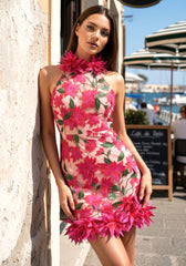 Halter Floral Embroidered Dress Hot Pink