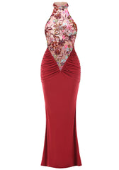 Halter Floral Sequin Embroidered Maxi Dress Red