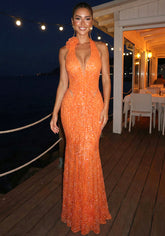 Halter Floral Sequin Maxi Dress Orange