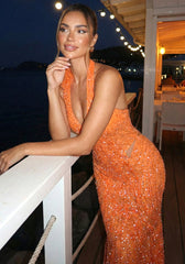 Halter Floral Sequin Maxi Dress Orange
