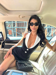 Halter Lapel Collar Dress Black White
