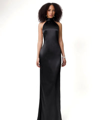 Halter Pearl Detail Backless Maxi Dress Black