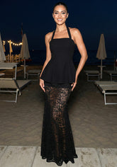 Halter Peplum Lace Two Piece Maxi Dress Black