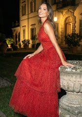 Halter Polka Dot Ruffle Maxi Dress Red